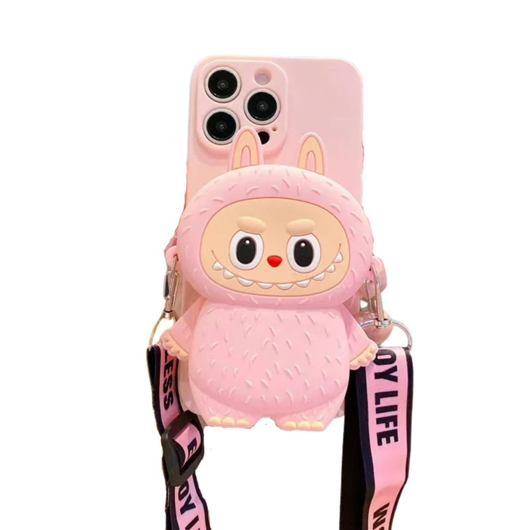 3D Labubu Zipper Silicone Wallet Phone Case For iPhone 16 15 Plus 14 13 12 Mini 11 Pro Max With Lanyard Strap Cartoon Cover