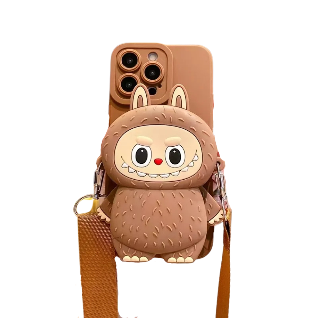 3D Labubu Zipper Silicone Wallet Phone Case For iPhone 16 15 Plus 14 13 12 Mini 11 Pro Max With Lanyard Strap Cartoon Cover