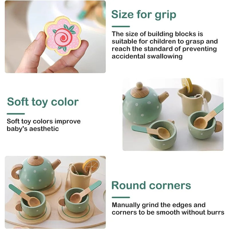 Wooden Afternoon Tea Set Toy Pretend Play Food Learning Role Play Game Early Educational Toys for Toddlers Girls Boys Kids Gifts