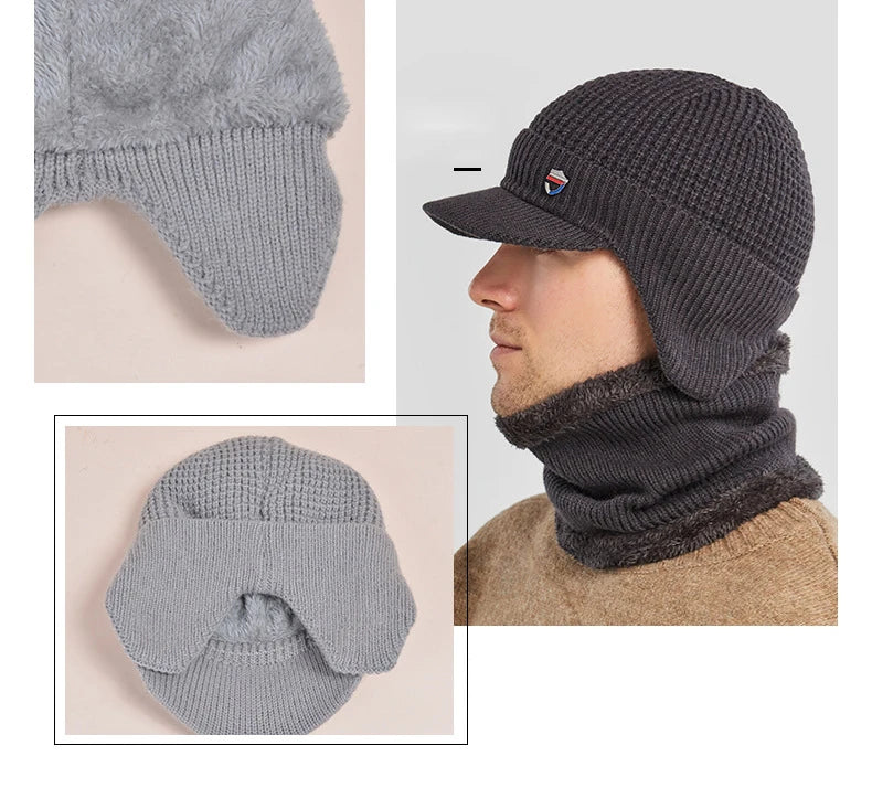 Winter Hat with Scarf Set Skullies Beanies for Men Knitted Hat Women Mask Thicken Balaclava Earflap Wool Bonnet Male Neck Tube