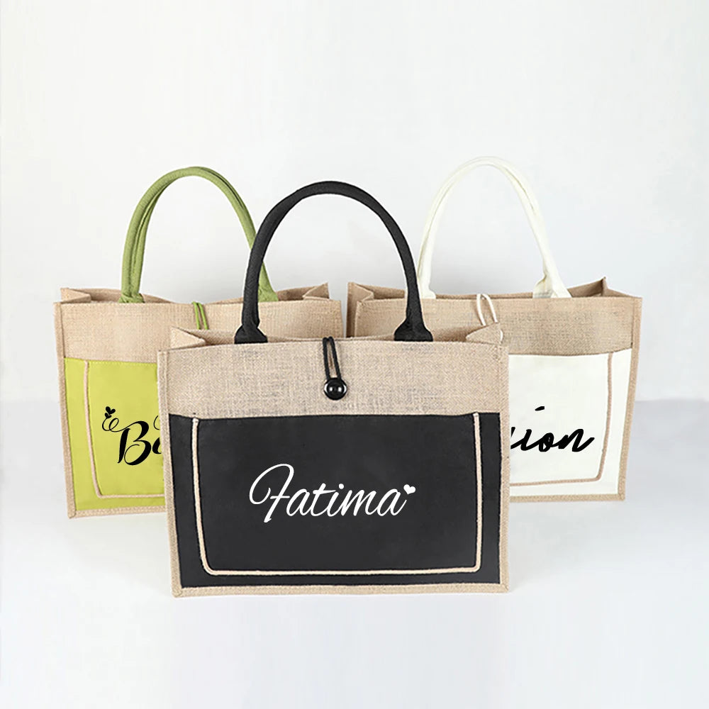 Personalized Jute Cotton Tote Bag New Year Bridesmaid Gifts Women Large Custom Tote Shopping Burlap Bag Wedding Gift for Guests