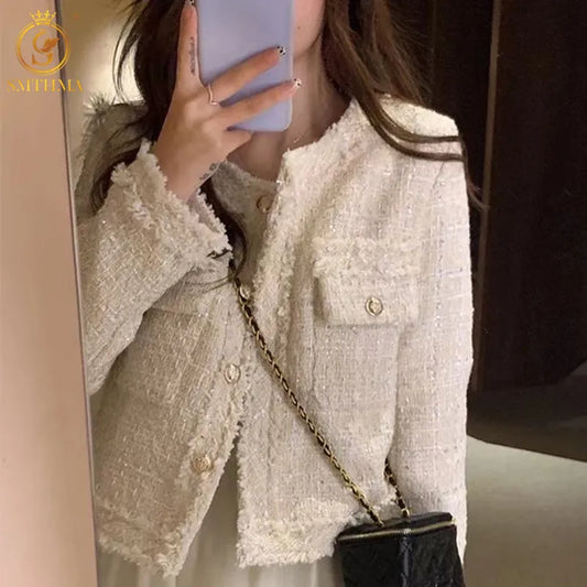 SMTHMA New Fashion Korean Chic Vintage Tweed Woolen Jacket Coat Women Autumn Single Breasted Plaid Tassel Office Lady Outwear