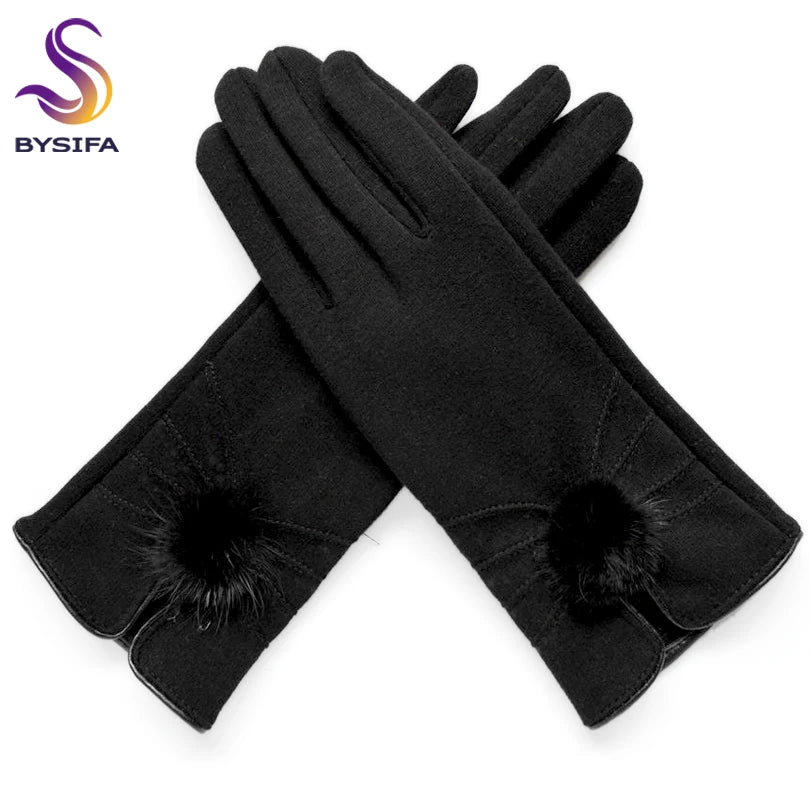 [BYSIFA] Women Mink ball Wool Gloves Fashion Opening Design Winter Ladies Gloves New Trendy Elegant Soft Black Mittens Gloves