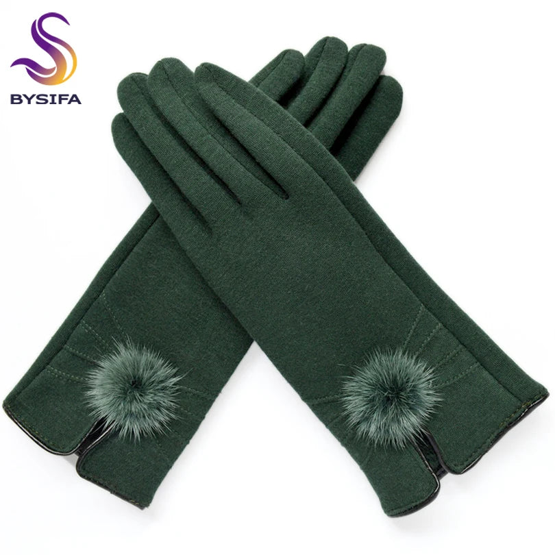 [BYSIFA] Women Mink ball Wool Gloves Fashion Opening Design Winter Ladies Gloves New Trendy Elegant Soft Black Mittens Gloves