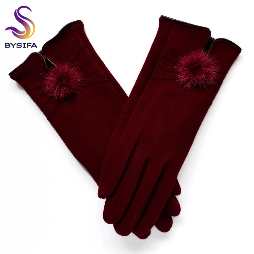 [BYSIFA] Women Mink ball Wool Gloves Fashion Opening Design Winter Ladies Gloves New Trendy Elegant Soft Black Mittens Gloves