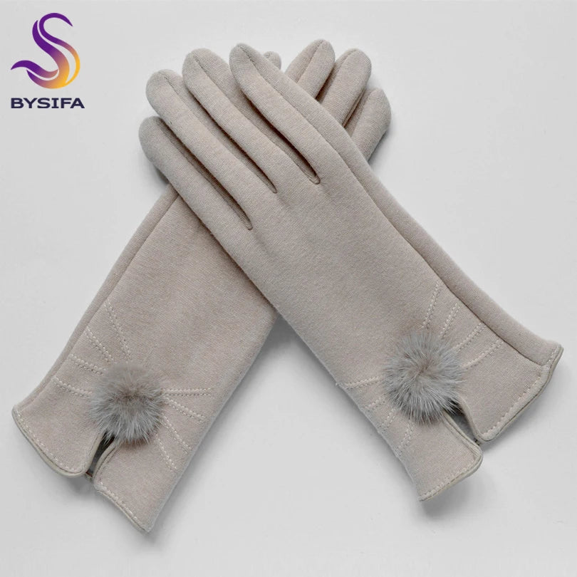 [BYSIFA] Women Mink ball Wool Gloves Fashion Opening Design Winter Ladies Gloves New Trendy Elegant Soft Black Mittens Gloves