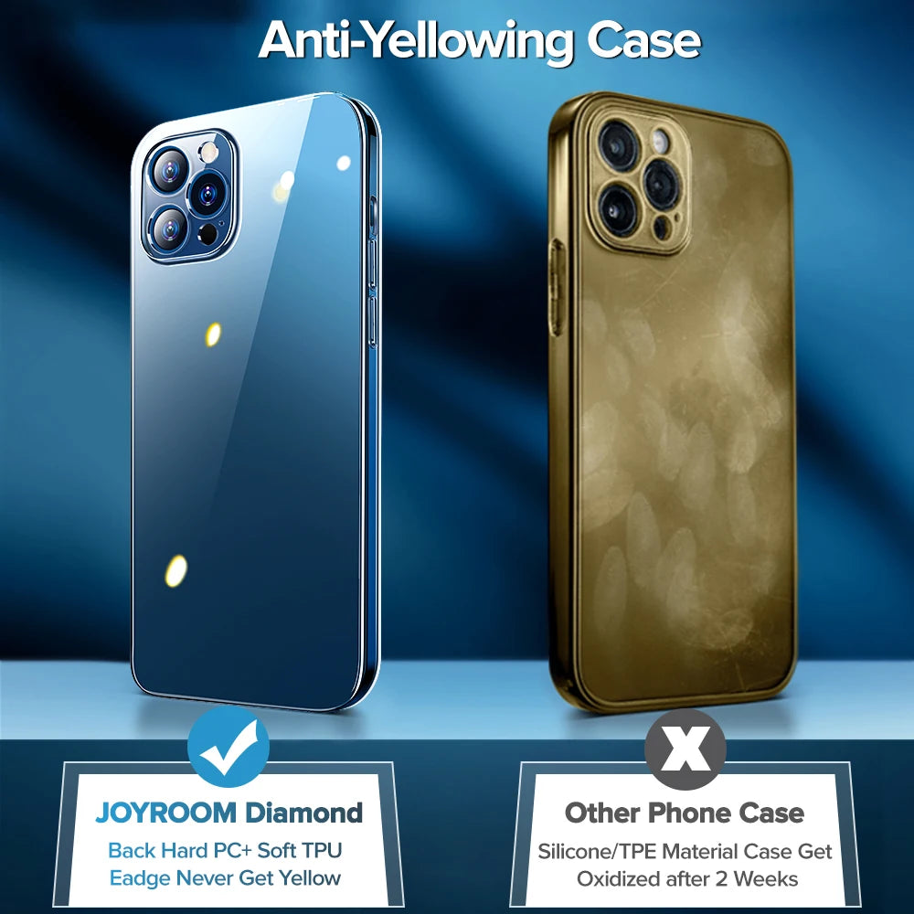 Joyroom 9H Tempered Case luxury Transparent Clear Case For iPhone 16 15 14 Pro Max Anti Yellow Full Lens Transparent Cover