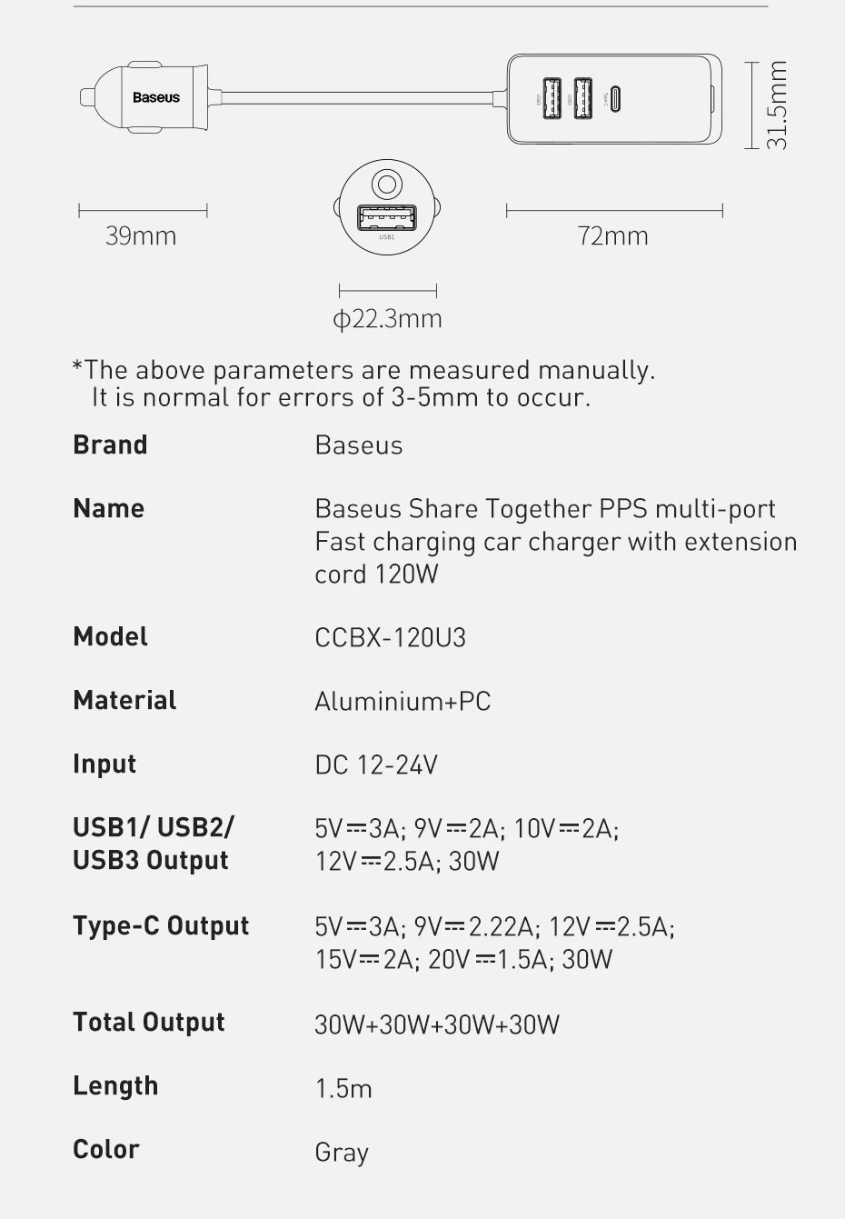 Baseus 120W PD Car Charger Quick Charger QC 3.0 PD 3.0 For iPhone 15 14 13 Samsung Type-C USB Charger Portable USB Phone Charger