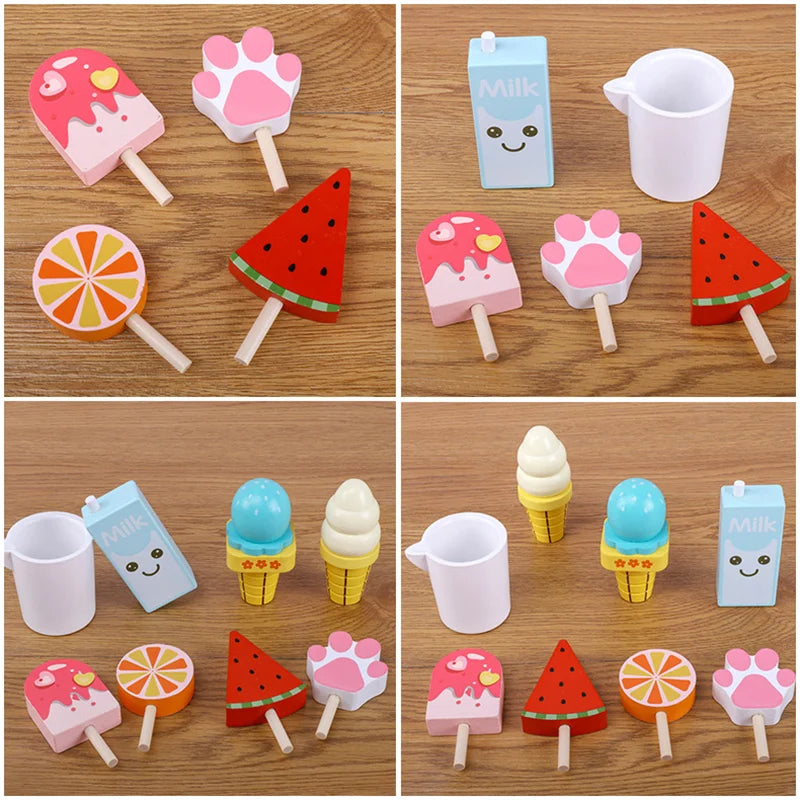 Children Simulation Food Kitchen Toys Wooden Ice Cream Dessert Simulation Food Kitchen Games Play House Pretend Toys For Girls