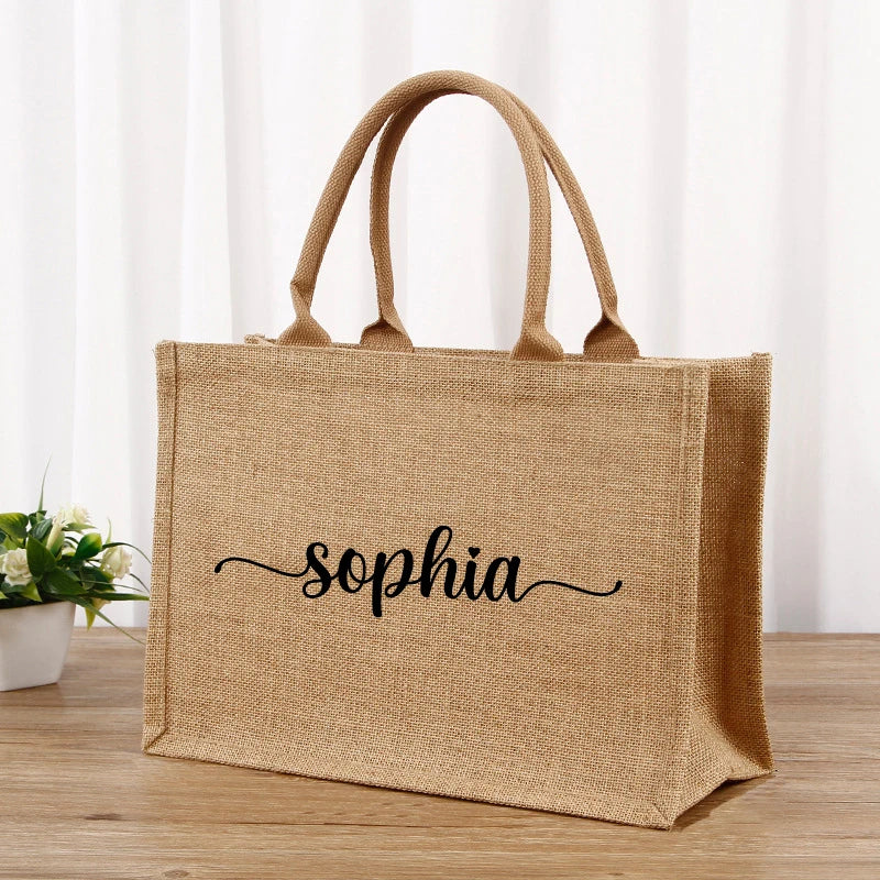 Custom Name Jute Handbag Personalized A-Z Burlap Logo Print Shopping Bag Tote Boutique Small Business Gift Girls Trip Wedding