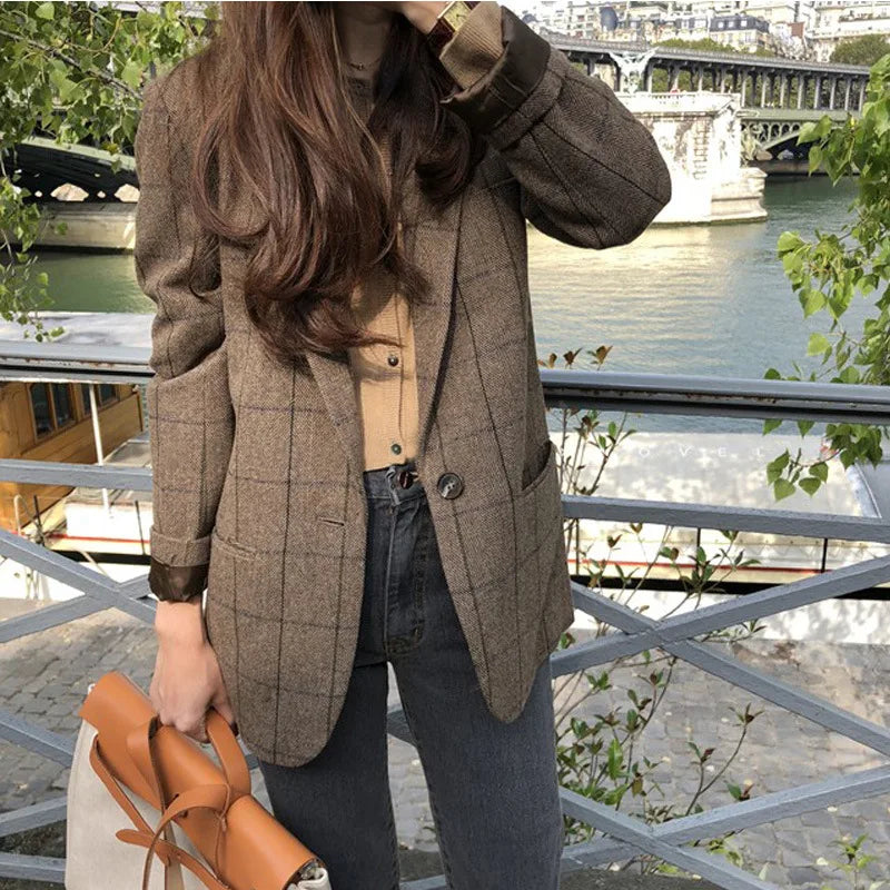 Spring Autumn Summer Plaid Blazer Women Jacket New Korean Style Slim Long Sleeve Casual Fashion Business Suit Coats Woman