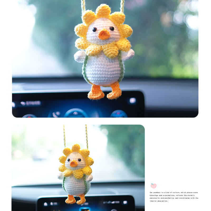 Handmade Crocheted Cute Swing Duck Car Rearview Mirror Hanging Ornament,Car Lucky Interior Hanging Pendant Decor