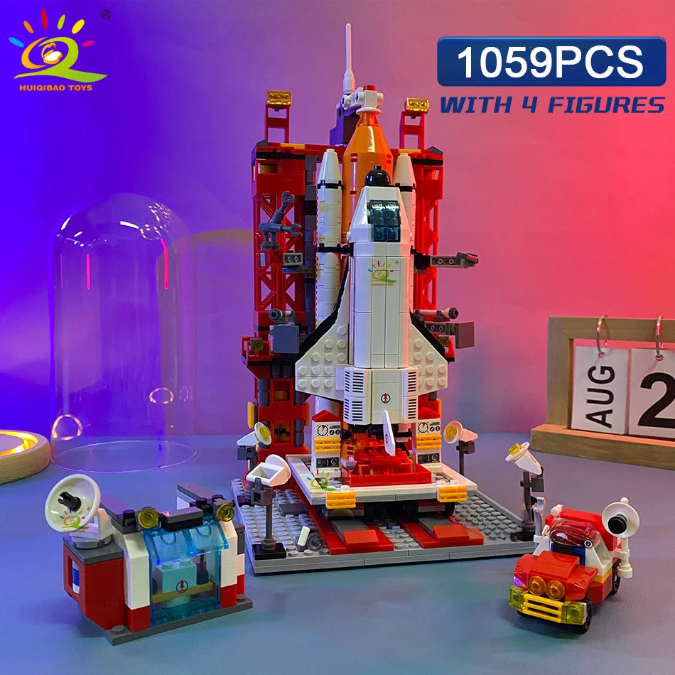 HUIQIBAO Aviation Spaceport Model Space Shuttle Rocket Launch Center Construction Building Blocks MOC Spaceship Kids Bricks Toy