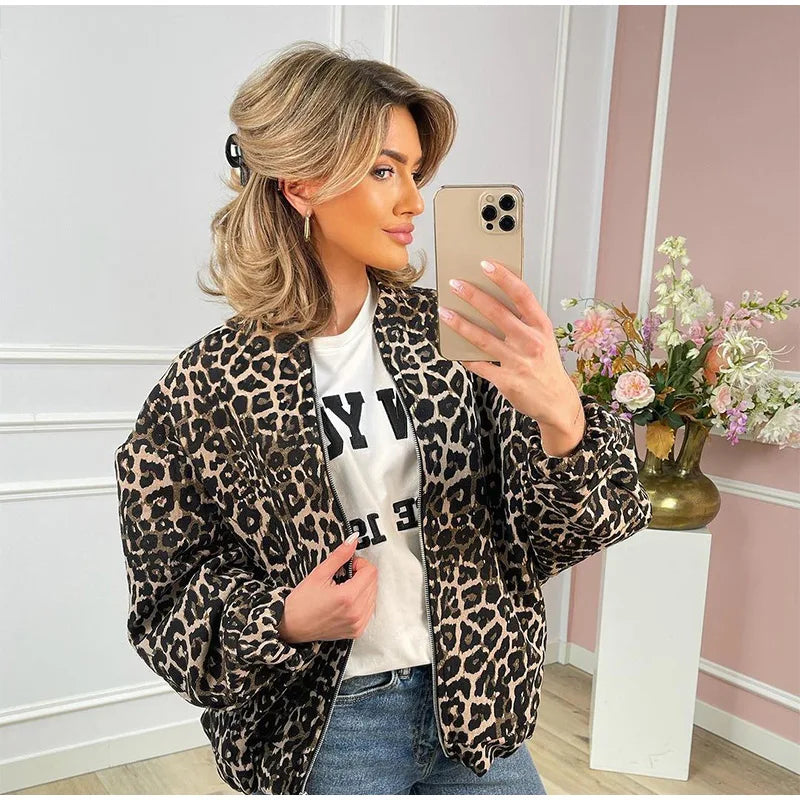 2024 Fashion Leopard Zipper Long Sleeved Women's Jacket Retro Round Neck Street Casual Outerwears New Female Autumn Commute Coat