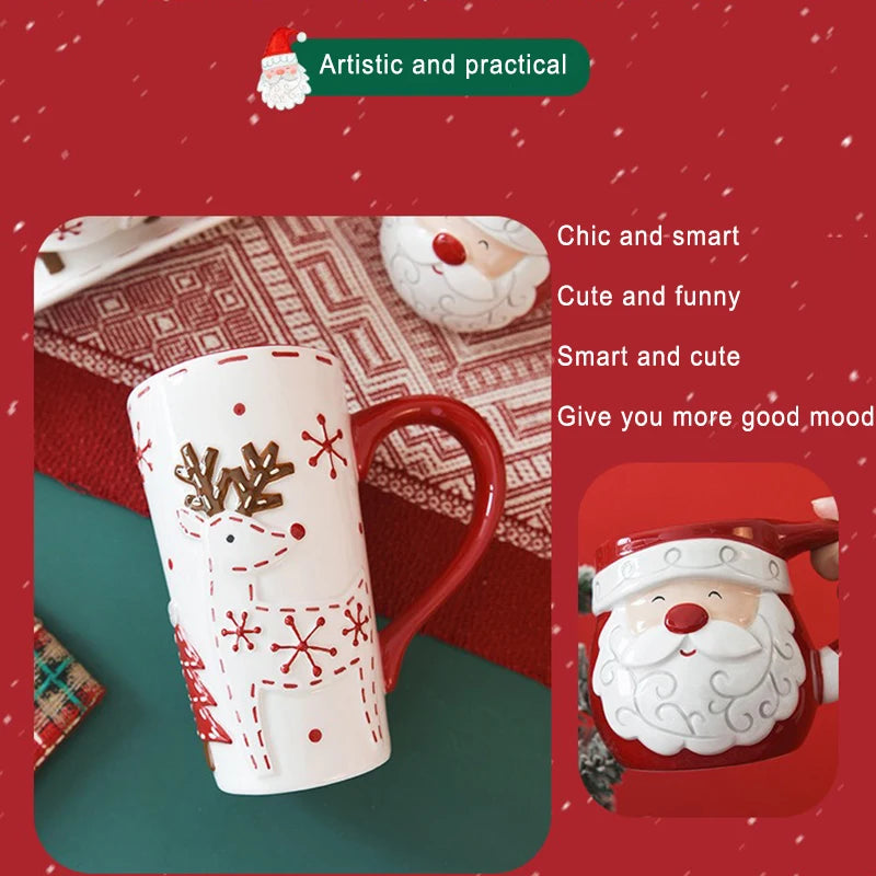 Nordic Christmas Ceramic Mug Santa Claus Cartoon Pattern Mousse Coffee Cup Home Breakfast Dessert Milk Mug for Kids Xmas Gift