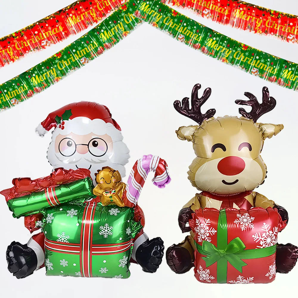 Christmas Decoration Sitting Gift Santa Claus Elk Deer Foil Balloon Red Green Tassel Foil Fringe Float Curtain Hanging Decors