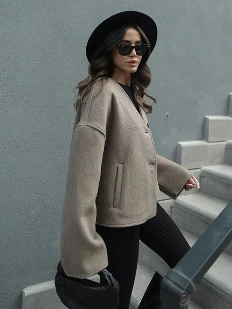 Women's Fashion V Neck Warm Coat Elegant Button Long Sleeve Pocket Loose Jacket Female Casual Fall Winter High Street Outerwear