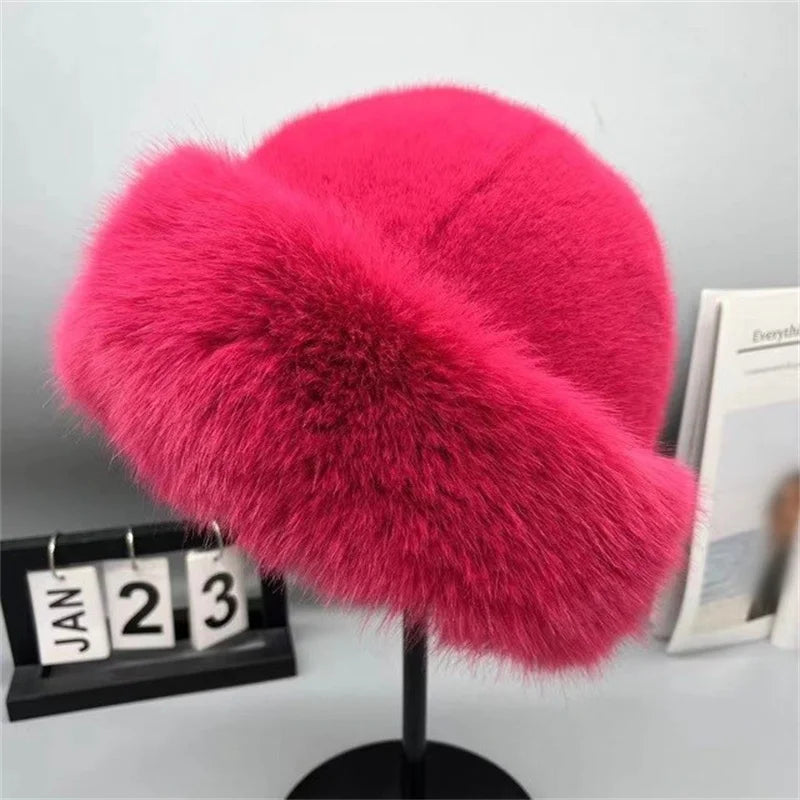 Winter Plush Hat Women Thickened Warm Bucket Hats For Women Men Simple Imitation Fur Ear Protection Cap Windproof Fisherman Cap