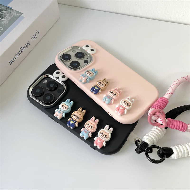 3D Labubu Cartoon Phone Case For iPhone 16 promax 15 14 Plus 13 12 11 Pro Max Mini With Wrist Strap Cute Eyes Soft Cover