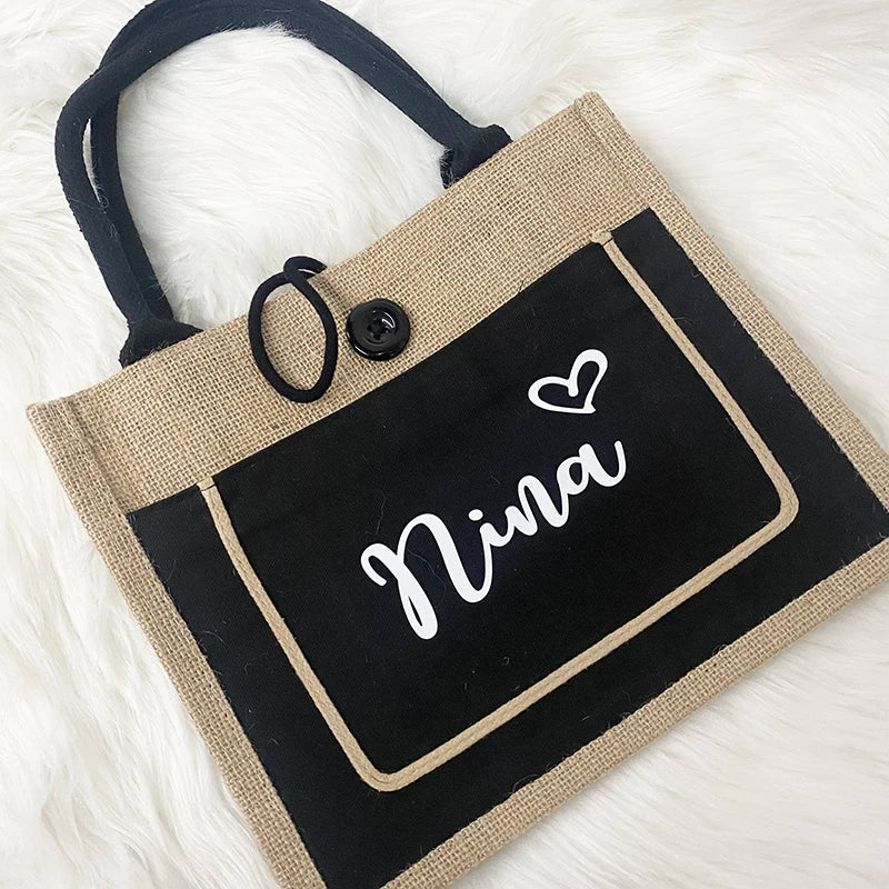 Personalized Jute Cotton Tote Bag New Year Bridesmaid Gifts Women Large Custom Tote Shopping Burlap Bag Wedding Gift for Guests