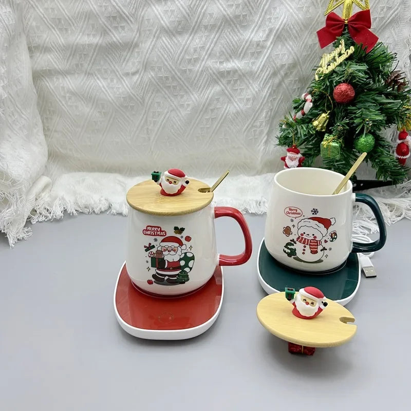 Christmas Gift Set: Warm 55℃ Ceramic Mug with Lid featuring Santa Claus for Office or Home Use