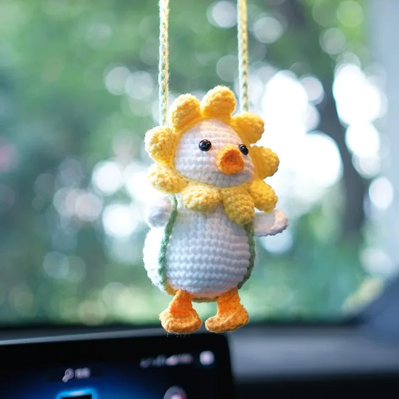 Handmade Crocheted Cute Swing Duck Car Rearview Mirror Hanging Ornament,Car Lucky Interior Hanging Pendant Decor