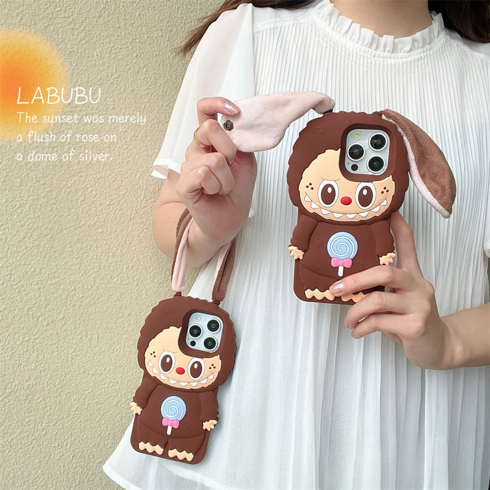 3D New Kawaii Labubu Phone Cases Cartoon Cute for iPhone 15 14 Plus 16 13 12 Pro Max 11 Anti-slip Soft Silicone Cover