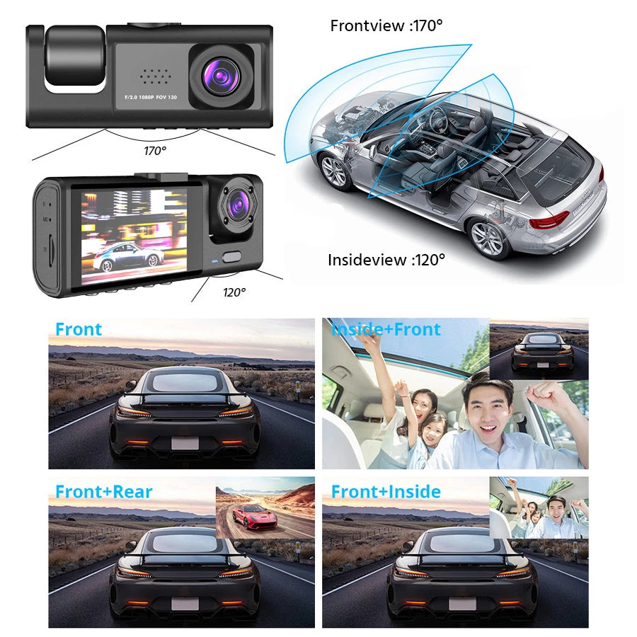 3 Channel Car DVR HD 1080P 3-Lens Inside Vehicle Dash CamThree Way Camera DVRs Recorder Video Registrator Dashcam Camcorder