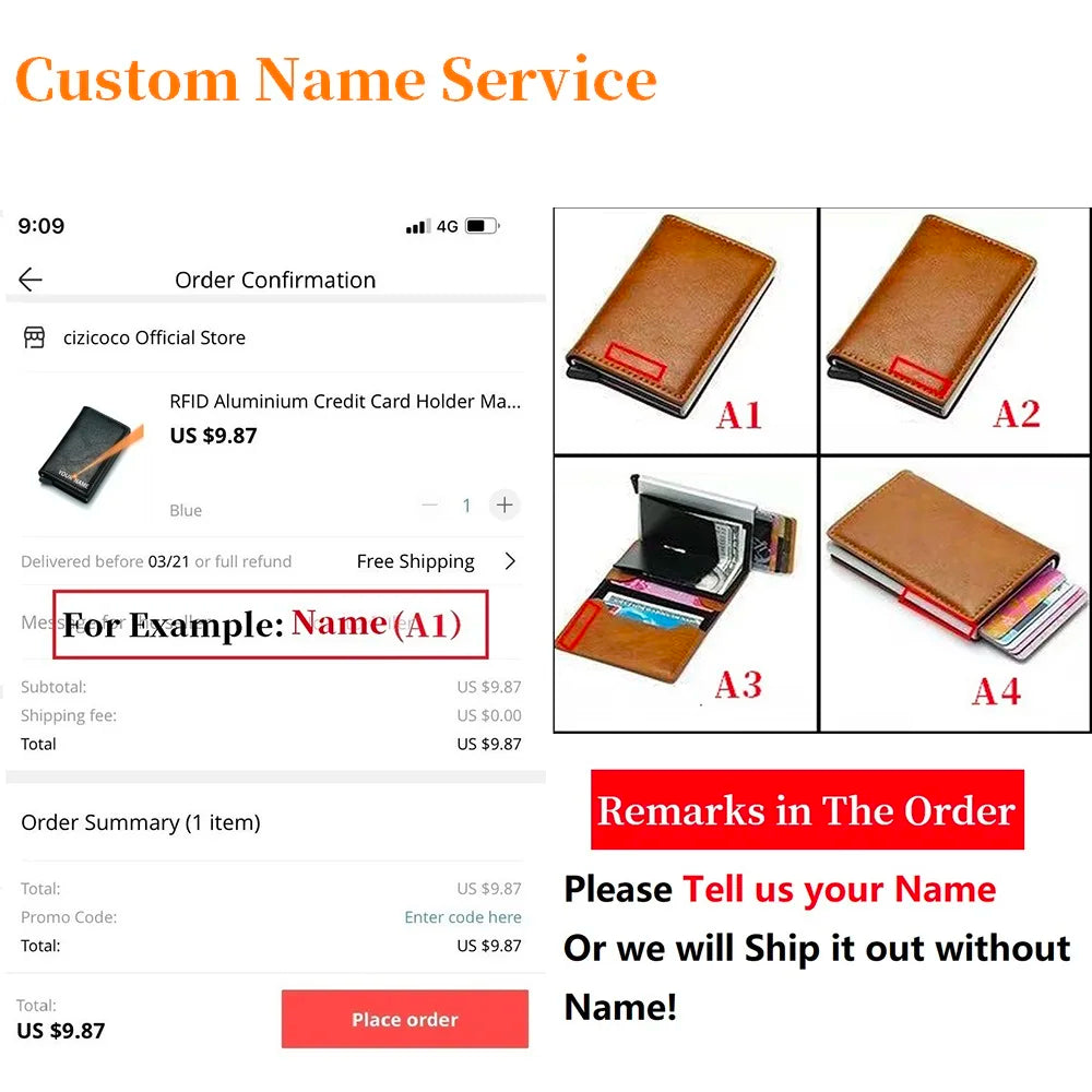 Custom Engraving Wallet Men Credit Card Holder RFID Blocking Anti-thief Leather Purse Card Wallet with ID Window Coin Pocket Bag