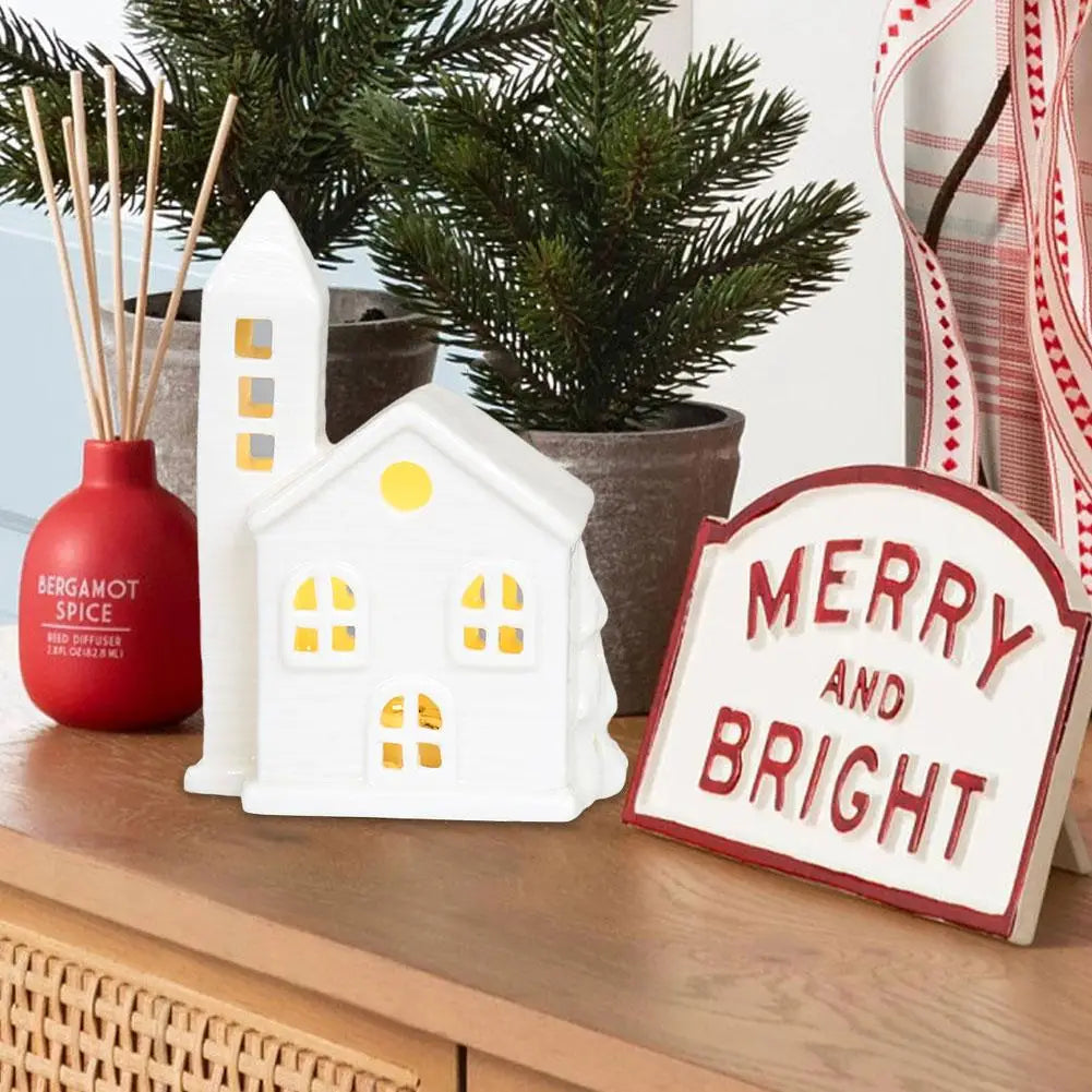 Christmas Indoor Ornaments Village Lighted Ceramic Houses Xmas Holiday Farmhouse Rustic  For Home Ornament