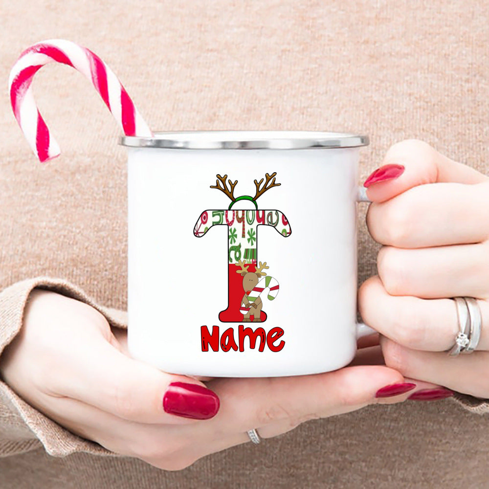 Personlized Reindeer Initial with Name Enamel Cups Christmas Hot Cocoa Chocolate Mug Drink Jiuce Mugs Christmas Gifts for Kids