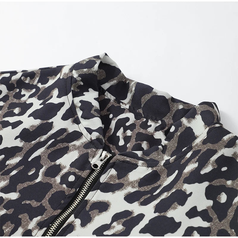 2024 Fashion Leopard Zipper Long Sleeved Women's Jacket Retro Round Neck Street Casual Outerwears New Female Autumn Commute Coat