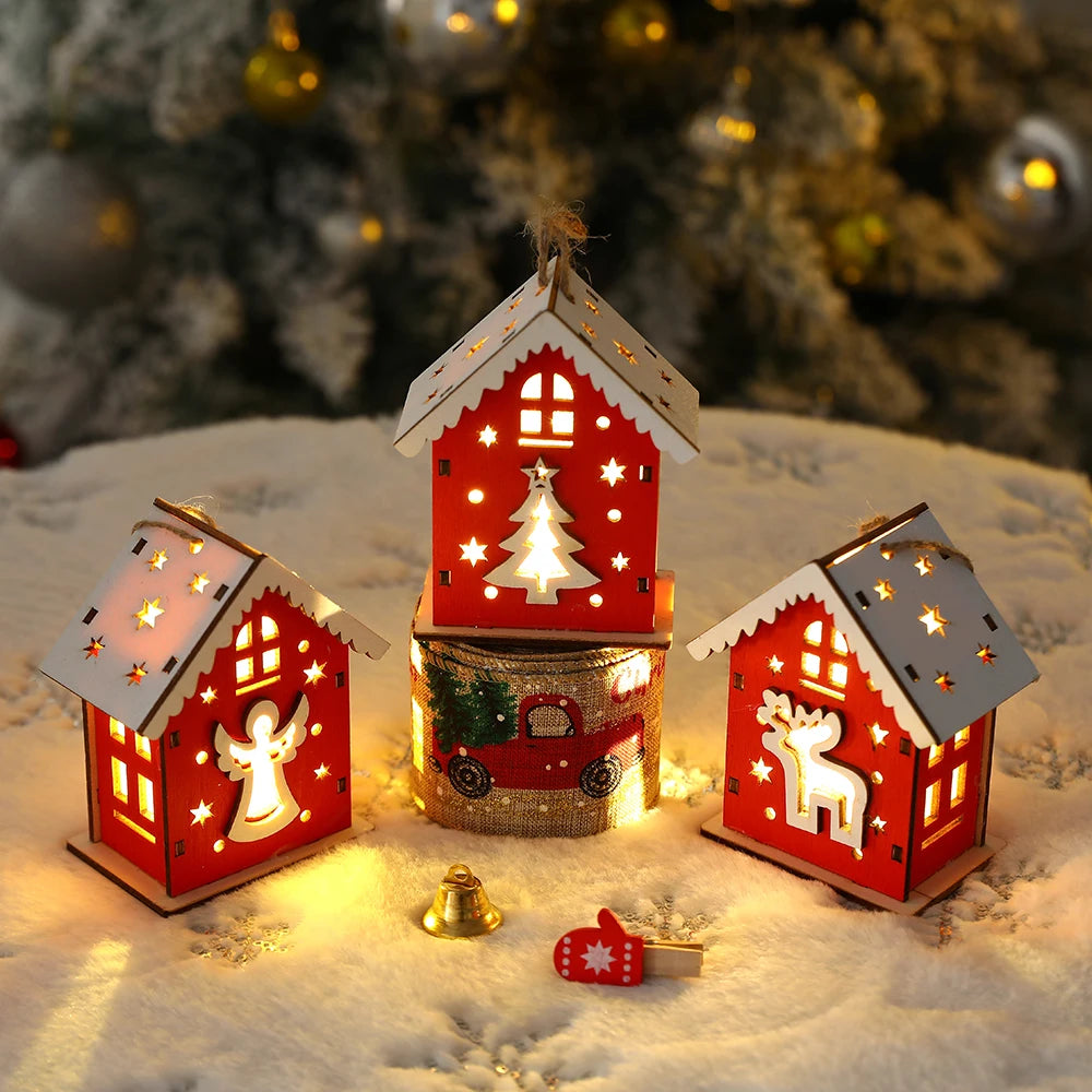 New Christmas Wooden House Pendant Snowman Elk Santa Claus Bear House Lighting Glowing Log Cabin Christmas Decoration Supplies