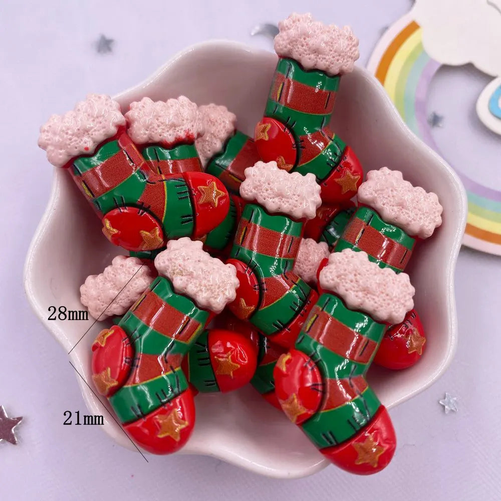 Resin Kawaii Colorful Santa Trees Elk Snowman Bells Flatback Stone Cartoon Christmas Figurine 10PCS Scrapbook DIY Decor Crafts