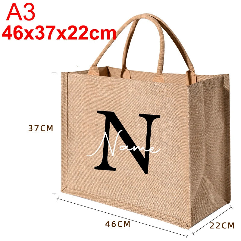 Custom Name Jute Handbag Personalized A-Z Burlap Logo Print Shopping Bag Tote Boutique Small Business Gift Girls Trip Wedding