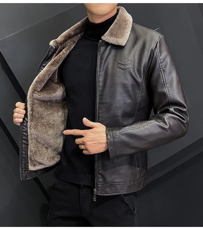 Vintage Brown Leather Jacket Men's Winter Faux Fur Collar Windproof Warm Coat Men's Luxury Clothing Brand chaqueta cuero hombre