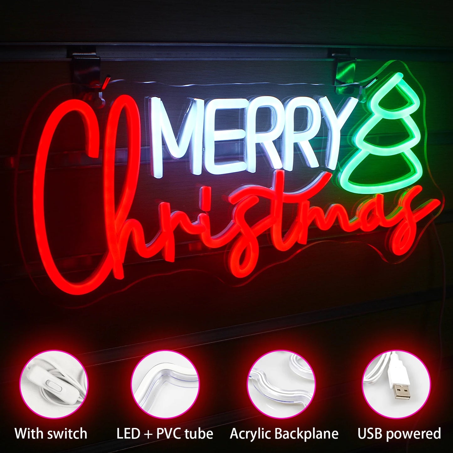 Merry Christmas Neon Sign Red Green LED Lights With Small Decor Dimmable Room Decoration For Festival Home Party Wall Lamp Signs