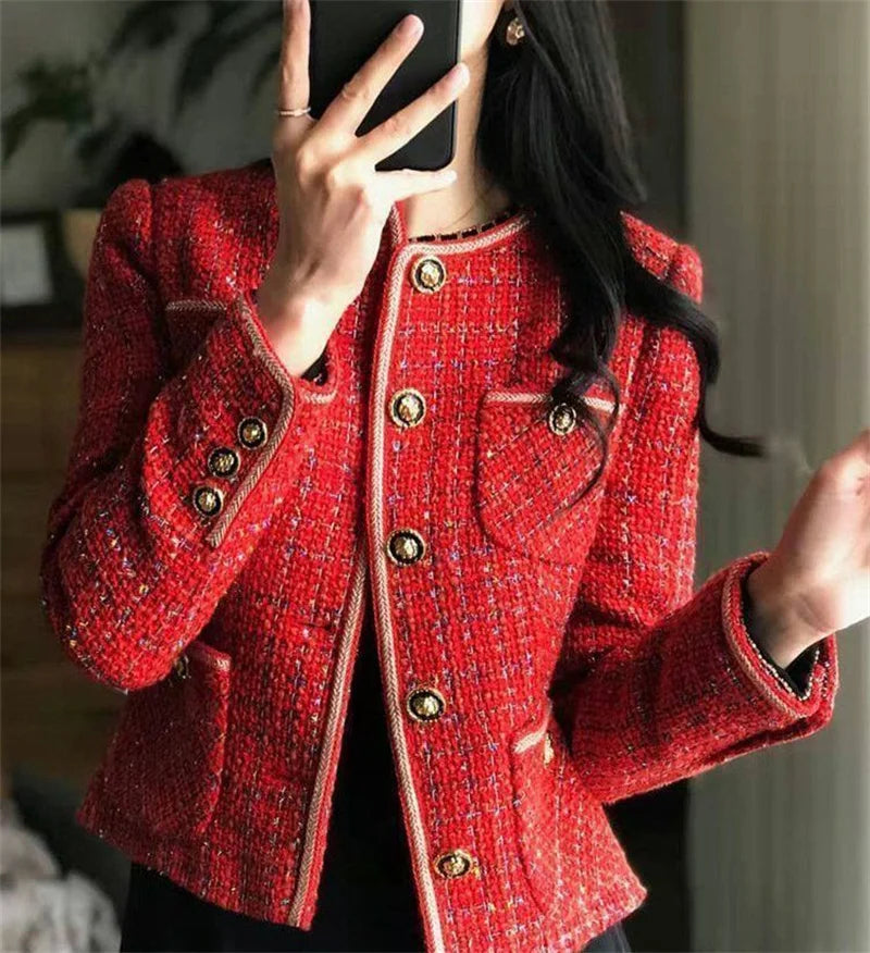 Vintage Red Tweed Coat Women's 2024 Autumn/Winter New French Vintage Loose and Versatile Show Thin Temperament Woolen Jacket Fem