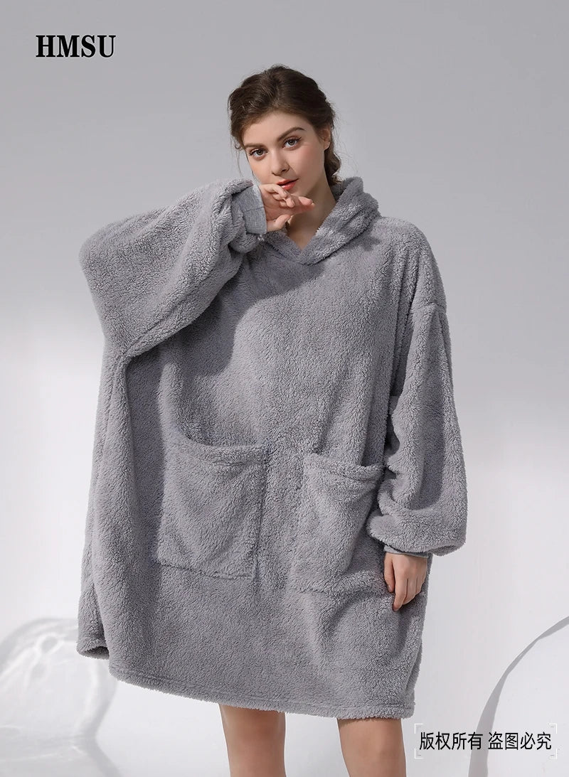 HMSU Oversized Hoodie Blanket With Sleeves Sweatshirt Plaid Winter Fleece Hoody Women Pocket Female Hooded Sweat Oversize Femme