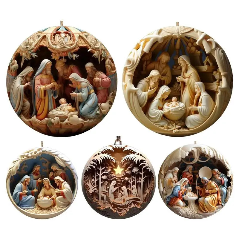 5pcs Nativity Christmas Tree Pendant Jesus Christ Hanging Ornaments 2D New Year Acrylic Exquisite Festival Gift Home Decor