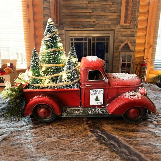 Home Decor Christmas Red Truck Automobile Car with Lights Boy Gift Resin Ornament Craft Waterproof Garden Yard Tree Decoration