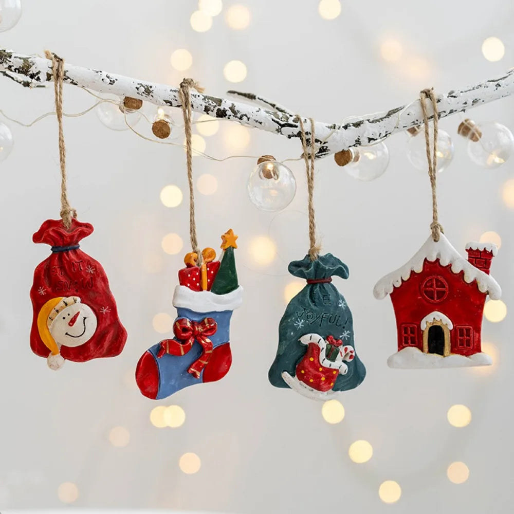 New Christmas Resin Pendant Xmas Tree Decoration Christmas Socks Gift House DIY Kids Toys Gifts Xmas Ornaments Navidad 2024