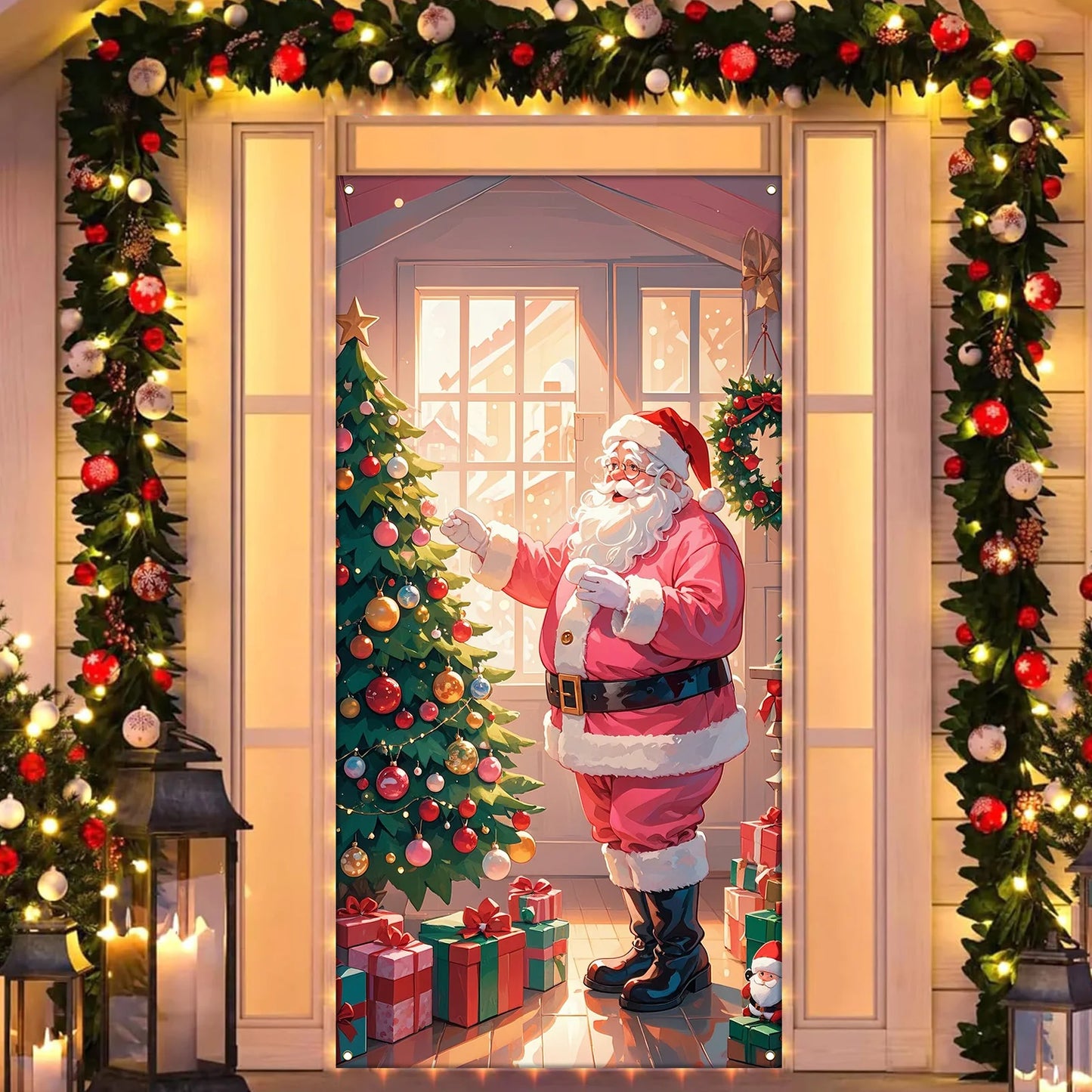 Merry Christmas Door Cover 35 x 71 Inch Christmas Ball Door Cover Backdrops Xmas Tree Door Cover Banner Christmas Balls