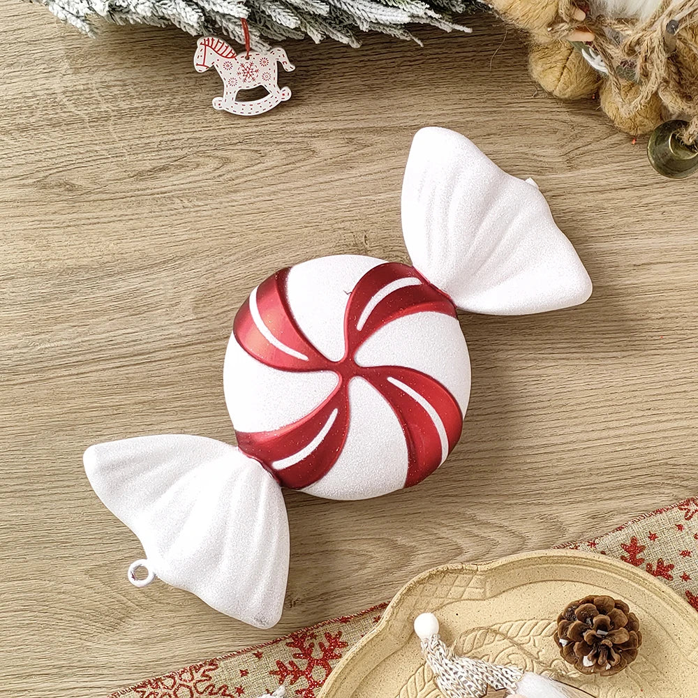 2pc 15cm Large Candy Pendant Christmas Decoration Red And White Lollipop PVC Painted Gold Xmas Tree Decora New Year Kids Gifts