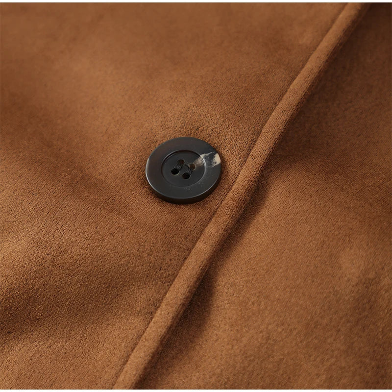 Retro Caramel Suede Leather Blazer Lapel Casual Single Breasted Loose Pocket Women Jacket 2024autumn Fashion Commute Street Coat