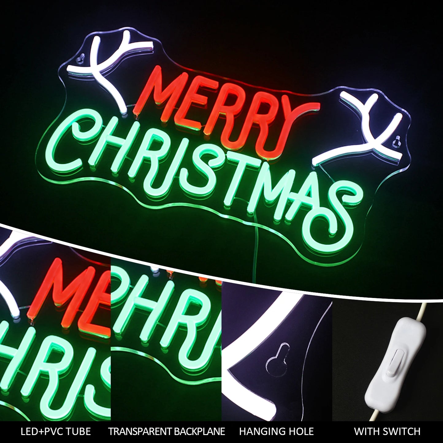 Merry Christmas Neon Sign Red Green LED Lights With Small Decor Dimmable Room Decoration For Festival Home Party Wall Lamp Signs