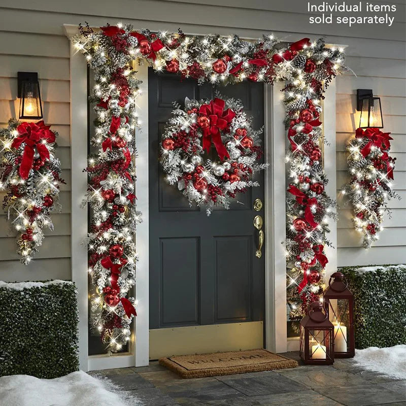 Christmas Wreath Rattan Set Christmas Decoration 2025 Red Bow Wreath For Front Door Xmas Decor Flower Garland Outdoor Home Decor