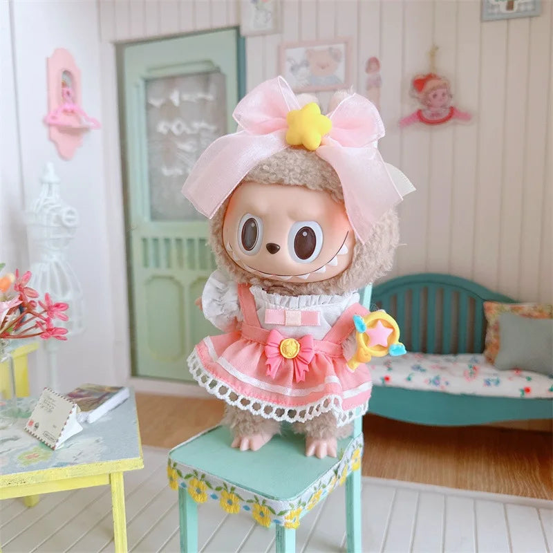 17cm Labubu Clothes Cute Mini Plush Doll's Outfit Accessories Suit Overalls Dress Hairpin for Labubu Dolls Fans Children Gift