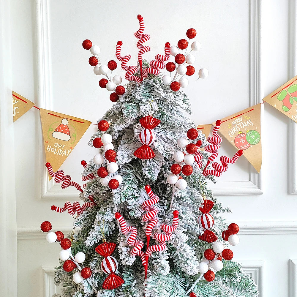 1pc Red White Ball Bouquet Striped Wool Branches Christmas Ornaments Home Cuttings New Year Gifts Christmas Decoration Navidad