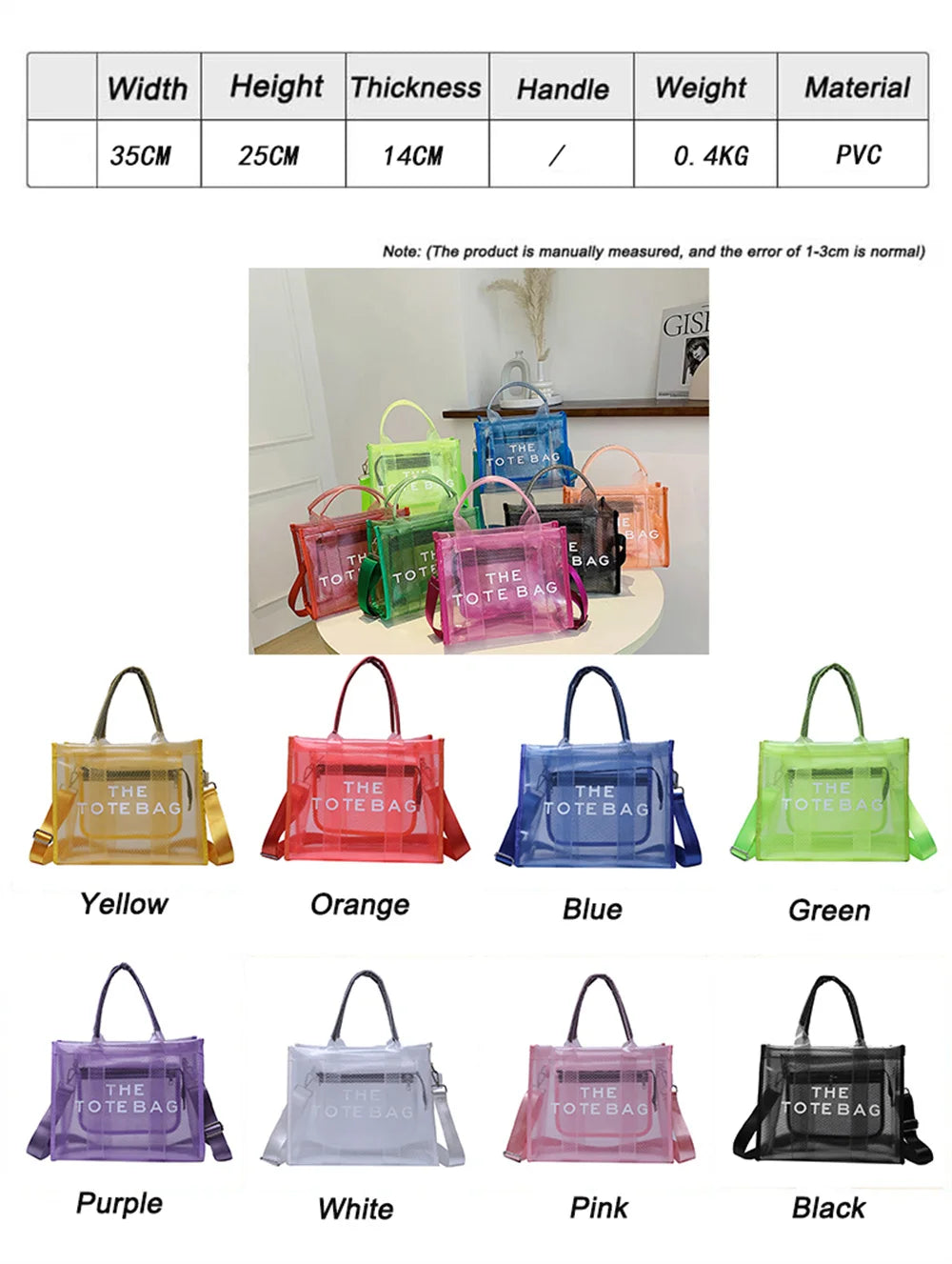 Women Large Tote Handbag Clear PVC Beach Bag Transparent Bag Luxury Designer Shoulder Crossbody Summer Beach Jelly Bags bolso mu